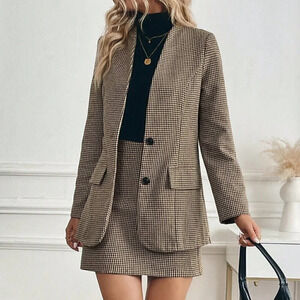 Coffee Brown Elegant Women's Vintage French V-Neck Tailored Suit Set